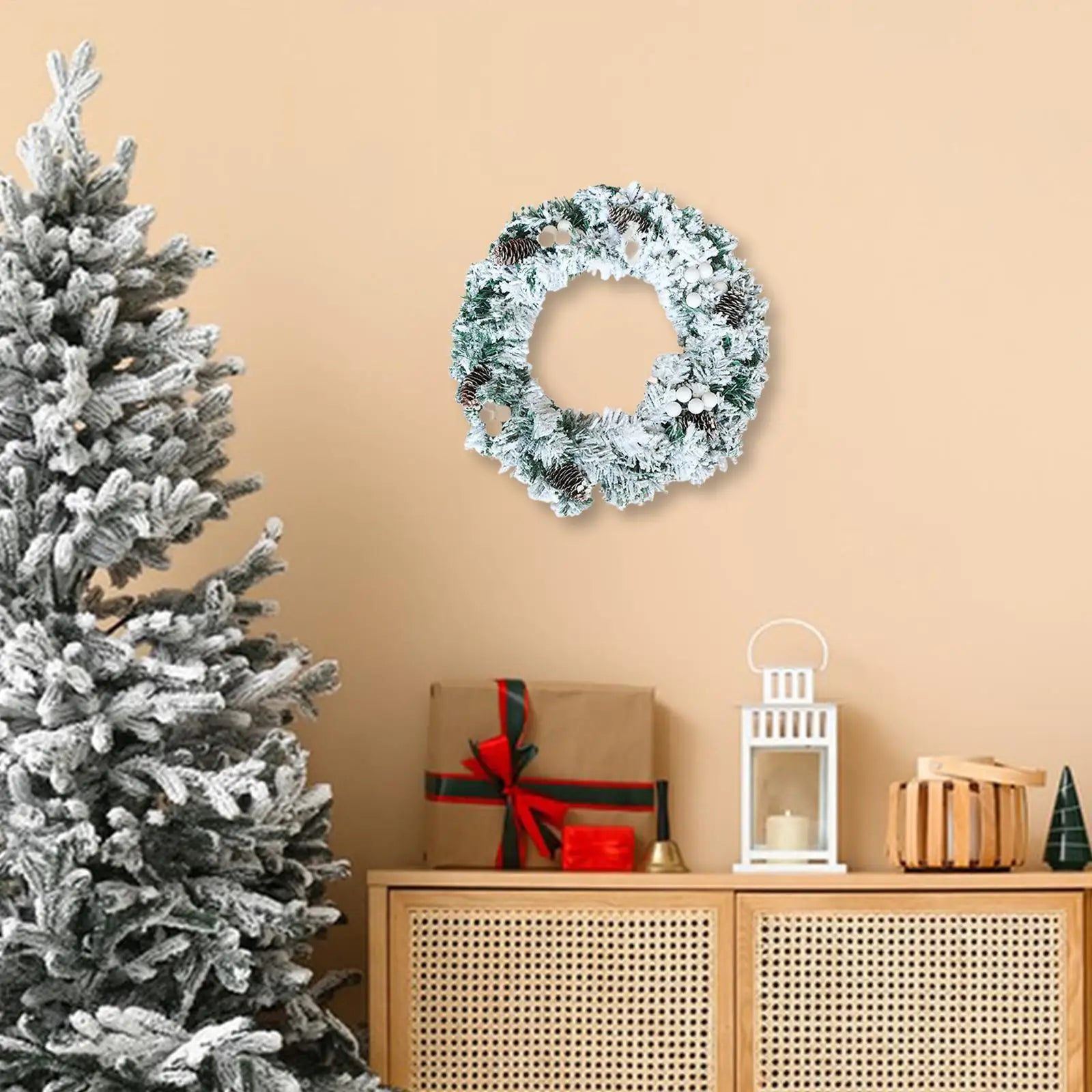 Artificial Wreath Door Wedding Pine Cones Decorative Home Snow Flocked Christmas Wreath for Party Wall Holiday Garden Fireplace