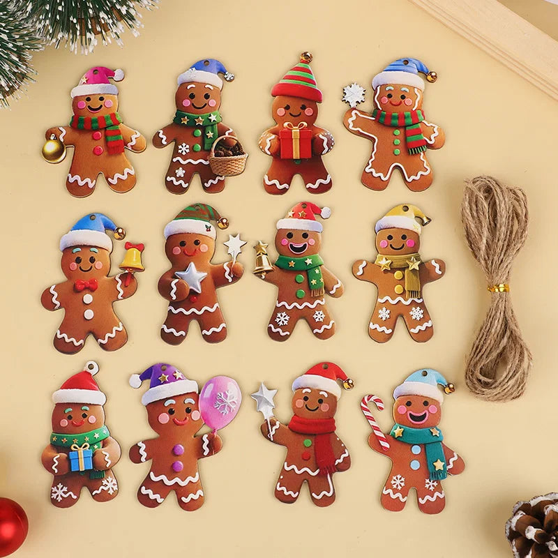 12/24Pcs Christmas Gingerbread Man Ornaments Xmas Tree Wooden Hanging Pendants 2026 New Year Party Home Decoration Kids DIY Gift