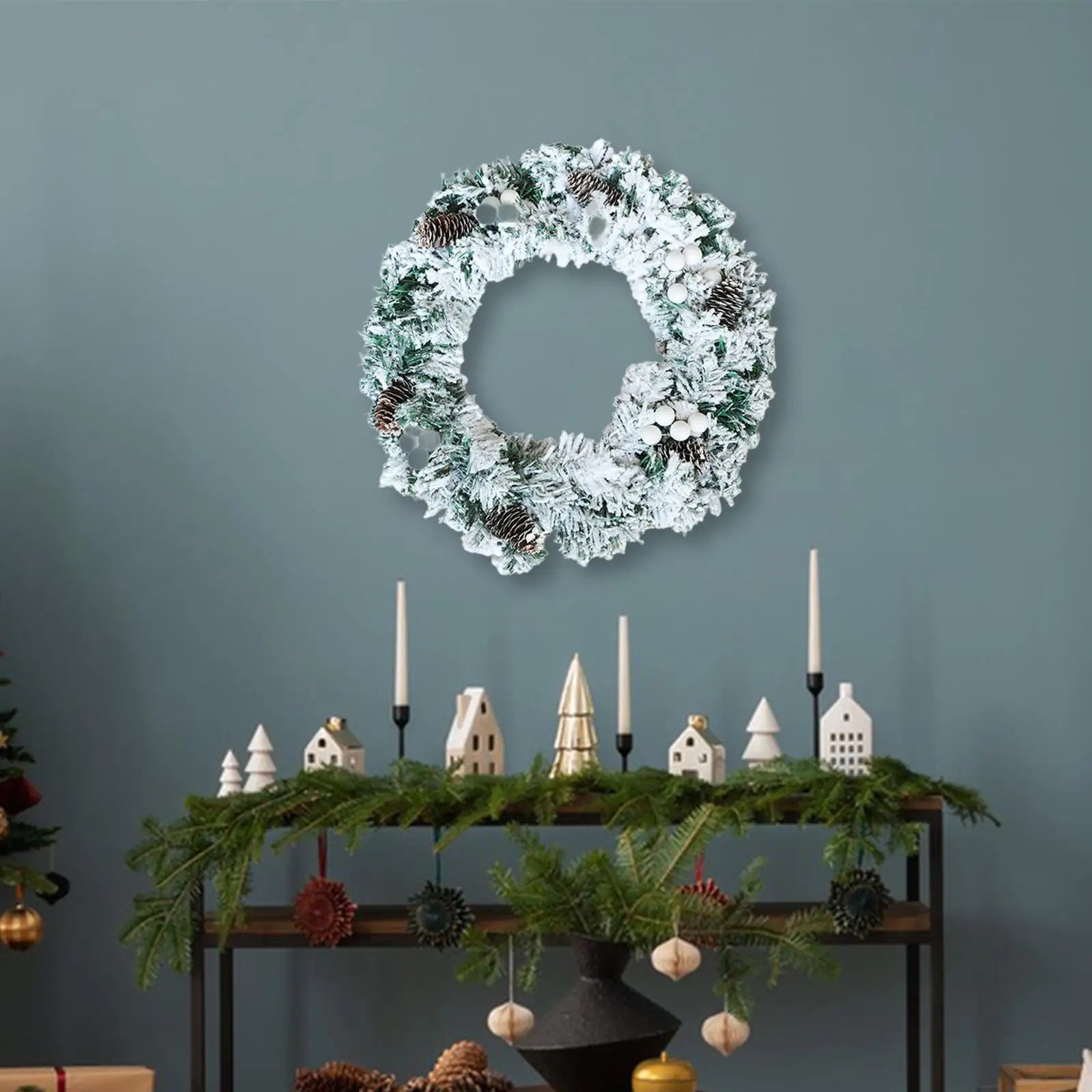 Artificial Wreath Door Wedding Pine Cones Decorative Home Snow Flocked Christmas Wreath for Party Wall Holiday Garden Fireplace