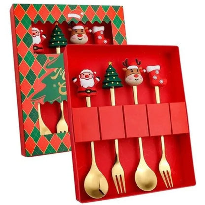 4PCS Santa Claus Spoon Fork Set Creative Christmas Theme Dessert Coffee Fruit Fork Spoons Tableware New Year Party Decor Gifts