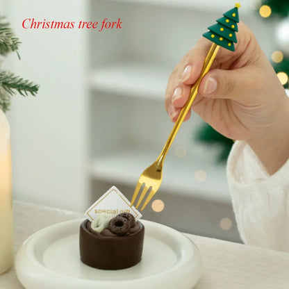 4PCS Santa Claus Spoon Fork Set Creative Christmas Theme Dessert Coffee Fruit Fork Spoons Tableware New Year Party Decor Gifts