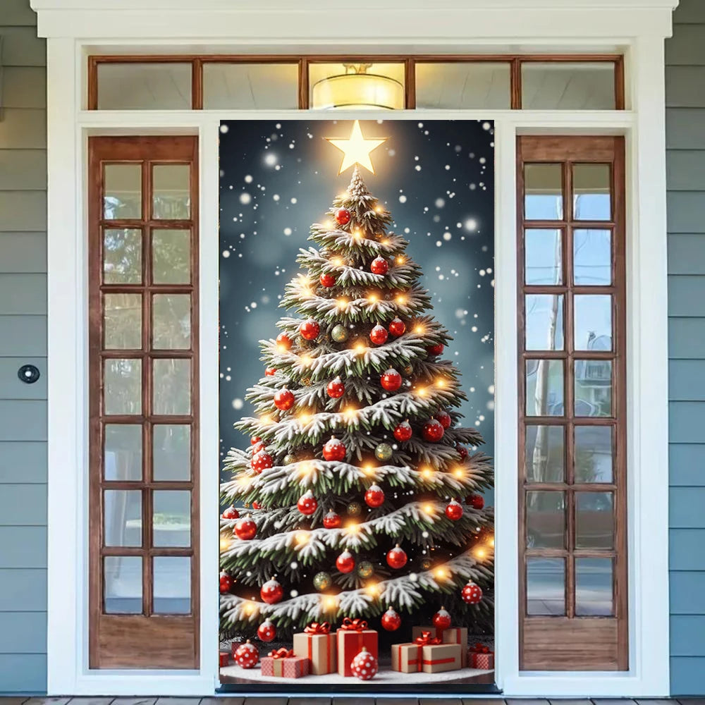 Large Christmas Tree Pattern Door Cover 185*90Cm Banners Versatile Hanging Home Outdoor Decorations for Entrances Rooms Kitchen