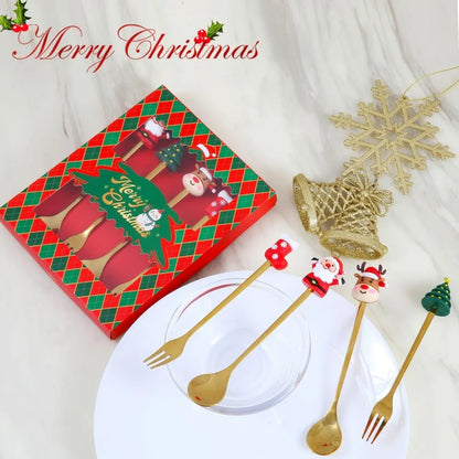 4PCS Santa Claus Spoon Fork Set Creative Christmas Theme Dessert Coffee Fruit Fork Spoons Tableware New Year Party Decor Gifts