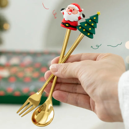 4PCS Santa Claus Spoon Fork Set Creative Christmas Theme Dessert Coffee Fruit Fork Spoons Tableware New Year Party Decor Gifts