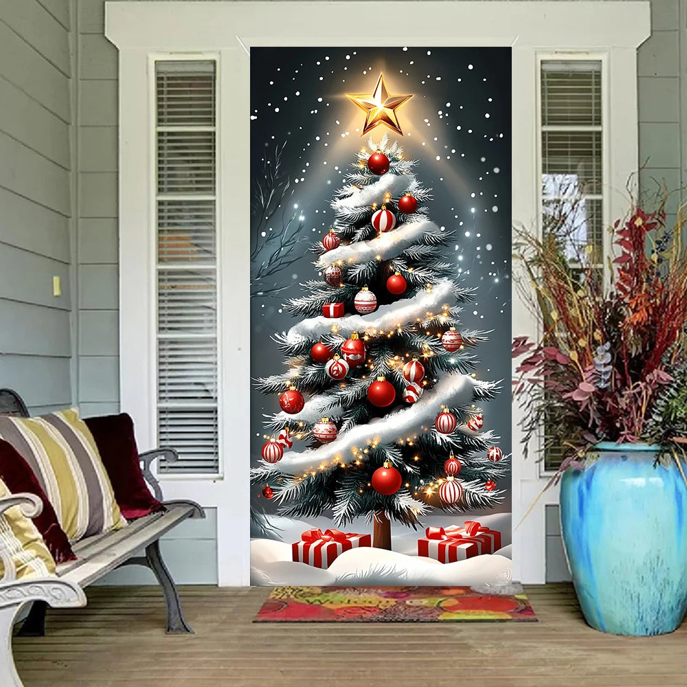 Large Christmas Tree Pattern Door Cover 185*90Cm Banners Versatile Hanging Home Outdoor Decorations for Entrances Rooms Kitchen