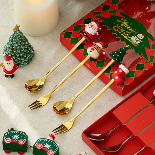4PCS Santa Claus Spoon Fork Set Creative Christmas Theme Dessert Coffee Fruit Fork Spoons Tableware New Year Party Decor Gifts