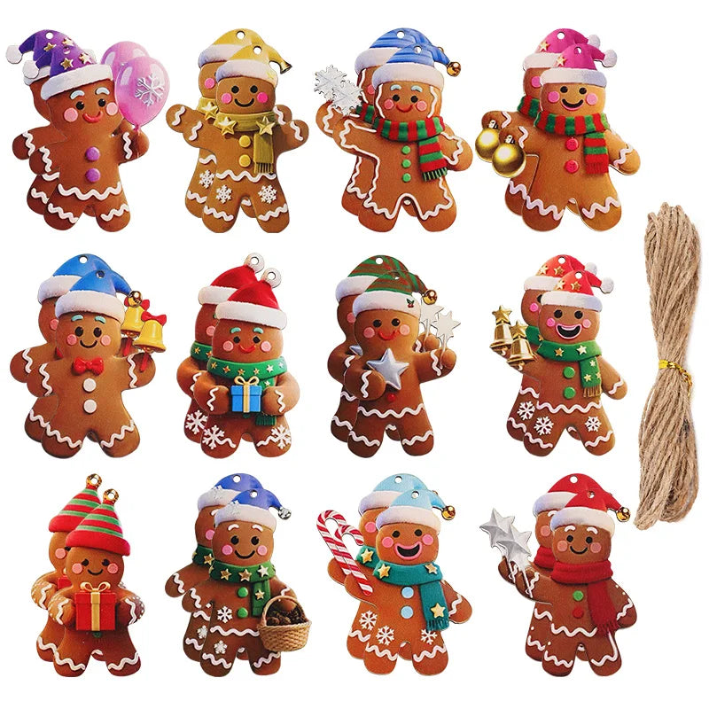 12/24Pcs Christmas Gingerbread Man Ornaments Xmas Tree Wooden Hanging Pendants 2026 New Year Party Home Decoration Kids DIY Gift