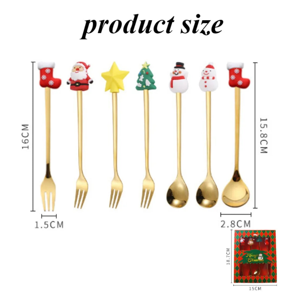 4PCS Santa Claus Spoon Fork Set Creative Christmas Theme Dessert Coffee Fruit Fork Spoons Tableware New Year Party Decor Gifts
